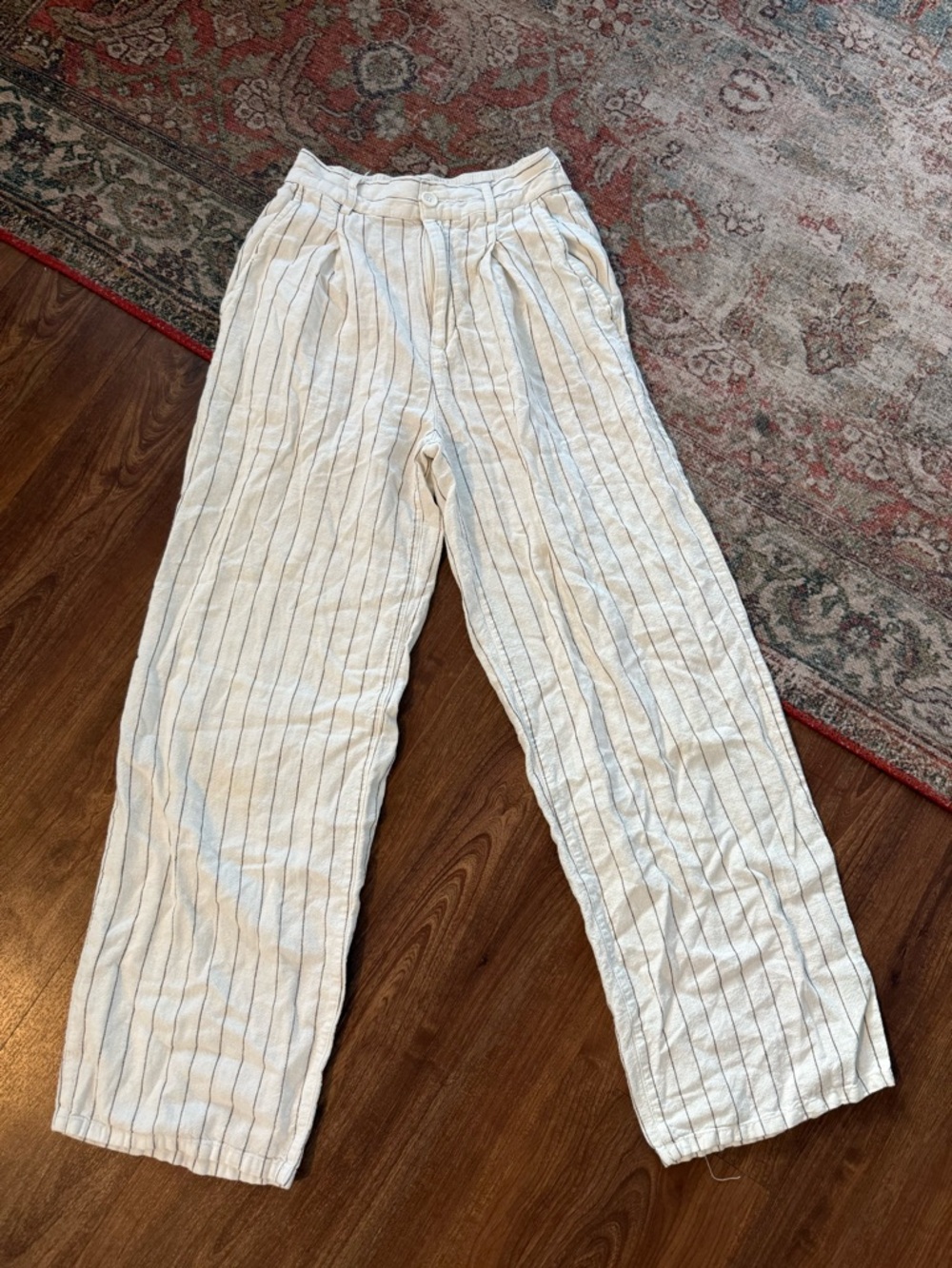 Light Striped Linen-Blend Wide Leg Pants - Cream with Brown Pinstripes